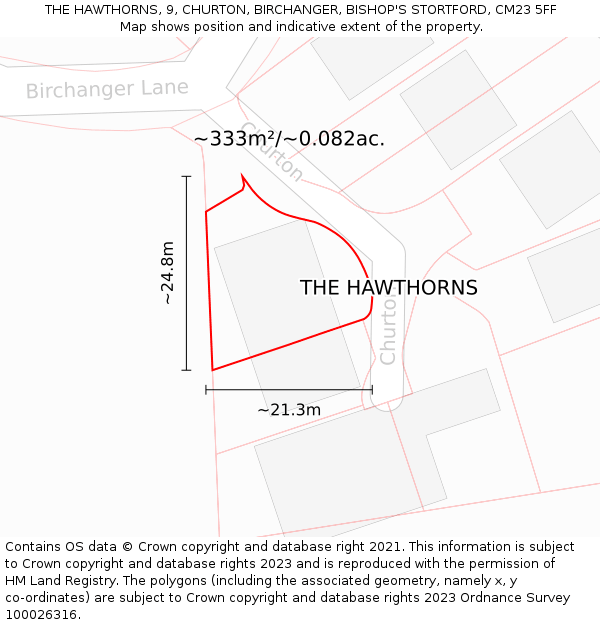 THE HAWTHORNS, 9, CHURTON, BIRCHANGER, BISHOP'S STORTFORD, CM23 5FF: Plot and title map