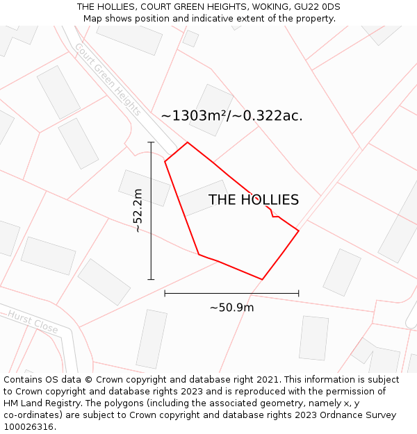 THE HOLLIES, COURT GREEN HEIGHTS, WOKING, GU22 0DS: Plot and title map