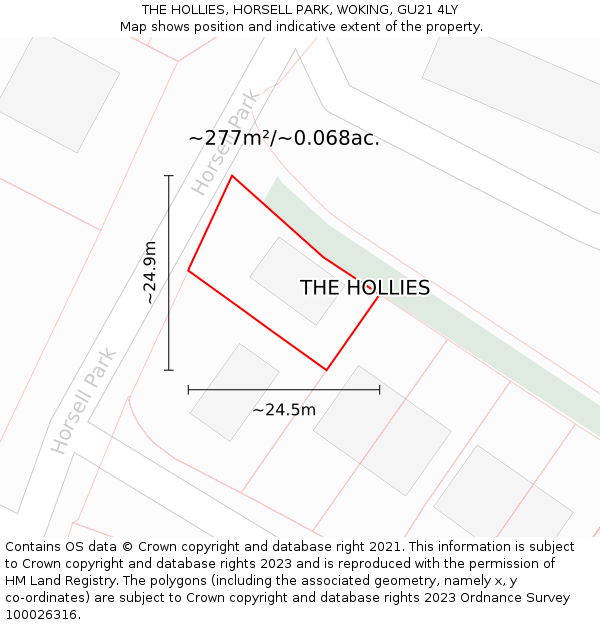 THE HOLLIES, HORSELL PARK, WOKING, GU21 4LY: Plot and title map