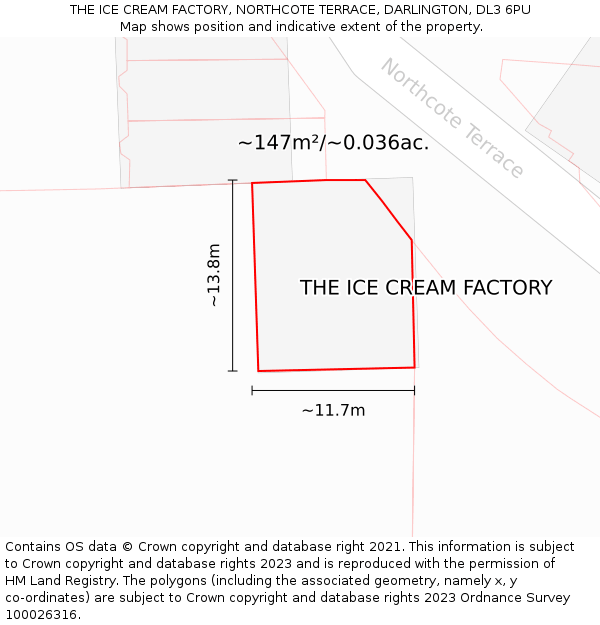 THE ICE CREAM FACTORY, NORTHCOTE TERRACE, DARLINGTON, DL3 6PU: Plot and title map