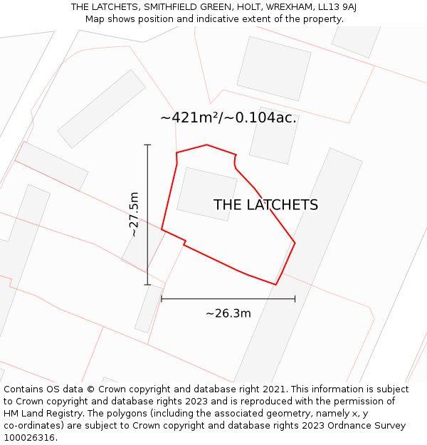 THE LATCHETS, SMITHFIELD GREEN, HOLT, WREXHAM, LL13 9AJ: Plot and title map