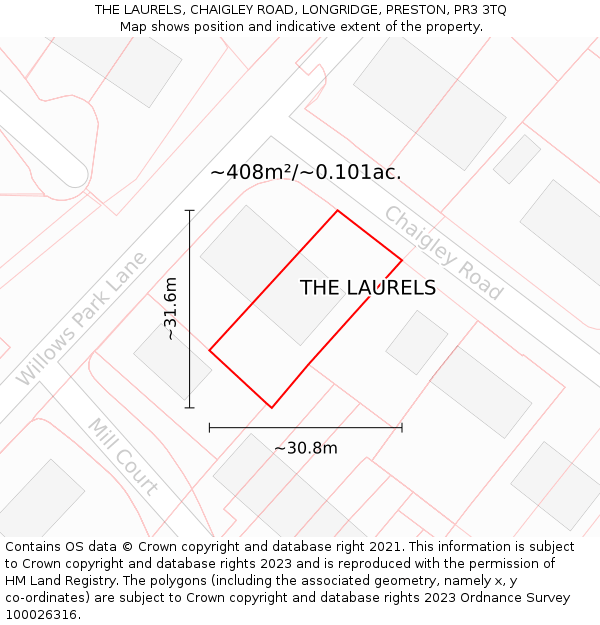 THE LAURELS, CHAIGLEY ROAD, LONGRIDGE, PRESTON, PR3 3TQ: Plot and title map