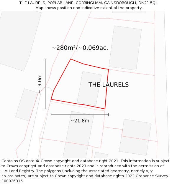 THE LAURELS, POPLAR LANE, CORRINGHAM, GAINSBOROUGH, DN21 5QL: Plot and title map