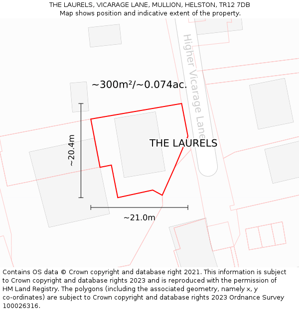 THE LAURELS, VICARAGE LANE, MULLION, HELSTON, TR12 7DB: Plot and title map