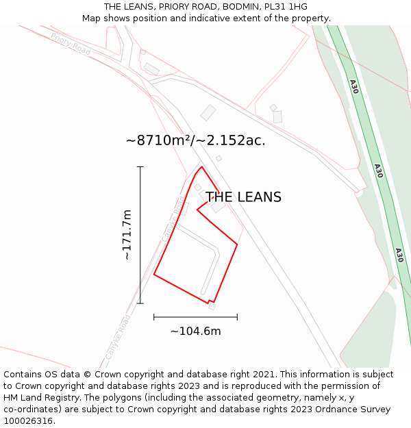 THE LEANS, PRIORY ROAD, BODMIN, PL31 1HG: Plot and title map