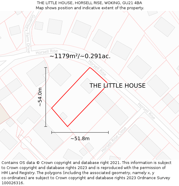 THE LITTLE HOUSE, HORSELL RISE, WOKING, GU21 4BA: Plot and title map