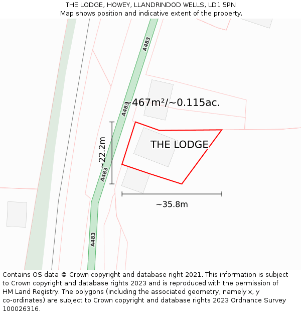 THE LODGE, HOWEY, LLANDRINDOD WELLS, LD1 5PN: Plot and title map