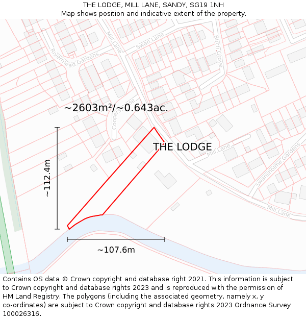 THE LODGE, MILL LANE, SANDY, SG19 1NH: Plot and title map