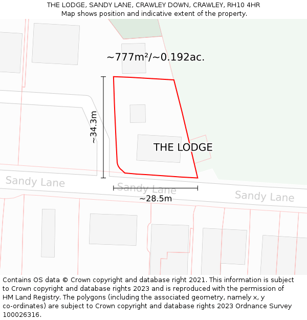 THE LODGE, SANDY LANE, CRAWLEY DOWN, CRAWLEY, RH10 4HR: Plot and title map