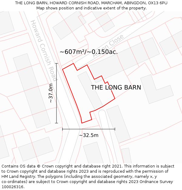 THE LONG BARN, HOWARD CORNISH ROAD, MARCHAM, ABINGDON, OX13 6PU: Plot and title map