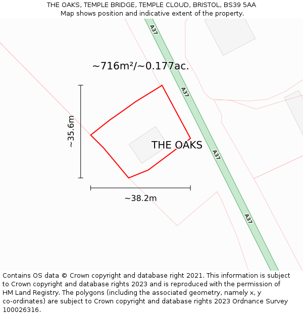 THE OAKS, TEMPLE BRIDGE, TEMPLE CLOUD, BRISTOL, BS39 5AA: Plot and title map