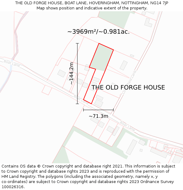 THE OLD FORGE HOUSE, BOAT LANE, HOVERINGHAM, NOTTINGHAM, NG14 7JP: Plot and title map