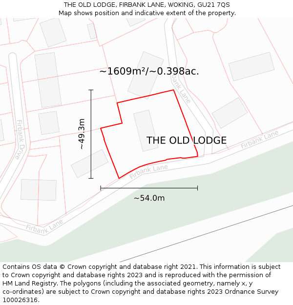 THE OLD LODGE, FIRBANK LANE, WOKING, GU21 7QS: Plot and title map