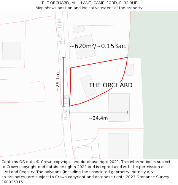 THE ORCHARD, MILL LANE, CAMELFORD, PL32 9UF: Plot and title map