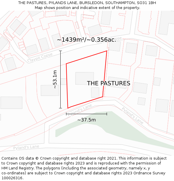 THE PASTURES, PYLANDS LANE, BURSLEDON, SOUTHAMPTON, SO31 1BH: Plot and title map