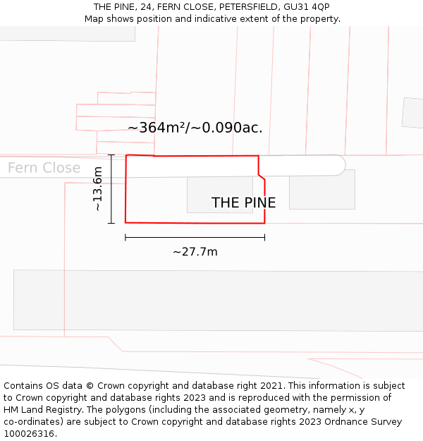THE PINE, 24, FERN CLOSE, PETERSFIELD, GU31 4QP: Plot and title map