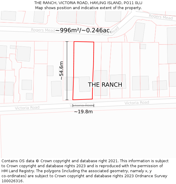 THE RANCH, VICTORIA ROAD, HAYLING ISLAND, PO11 0LU: Plot and title map