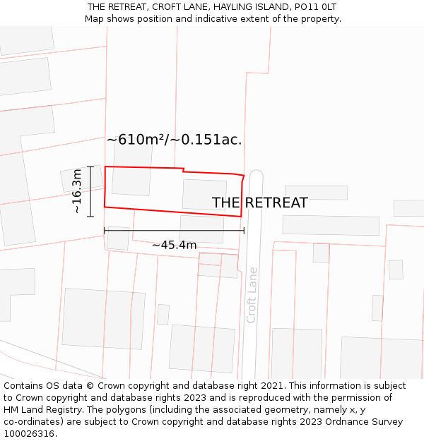 THE RETREAT, CROFT LANE, HAYLING ISLAND, PO11 0LT: Plot and title map