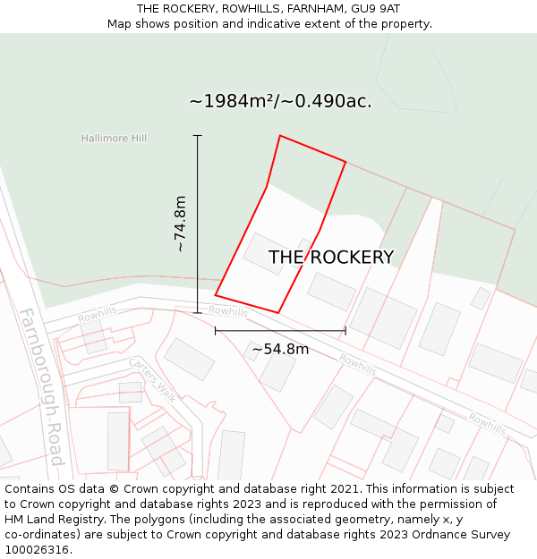 THE ROCKERY, ROWHILLS, FARNHAM, GU9 9AT: Plot and title map