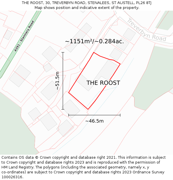 THE ROOST, 30, TREVERBYN ROAD, STENALEES, ST AUSTELL, PL26 8TJ: Plot and title map