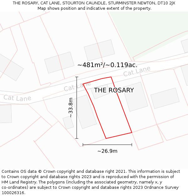 THE ROSARY, CAT LANE, STOURTON CAUNDLE, STURMINSTER NEWTON, DT10 2JX: Plot and title map