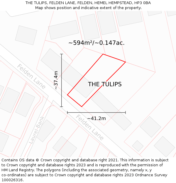 THE TULIPS, FELDEN LANE, FELDEN, HEMEL HEMPSTEAD, HP3 0BA: Plot and title map