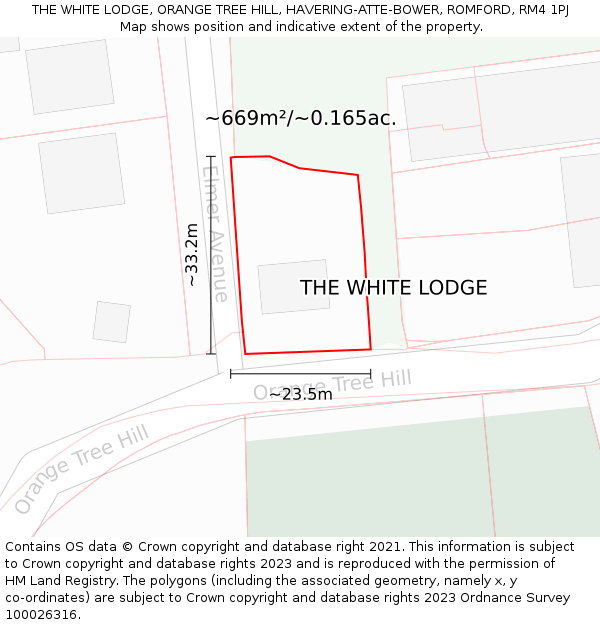 THE WHITE LODGE, ORANGE TREE HILL, HAVERING-ATTE-BOWER, ROMFORD, RM4 1PJ: Plot and title map