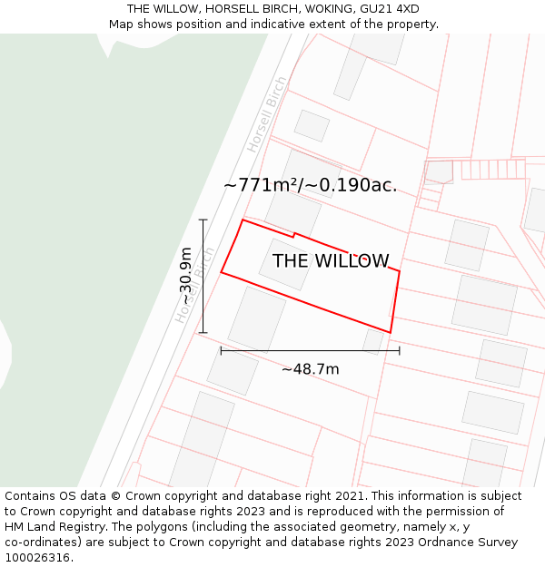 THE WILLOW, HORSELL BIRCH, WOKING, GU21 4XD: Plot and title map