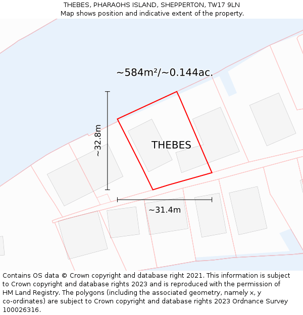 THEBES, PHARAOHS ISLAND, SHEPPERTON, TW17 9LN: Plot and title map