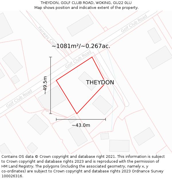 THEYDON, GOLF CLUB ROAD, WOKING, GU22 0LU: Plot and title map