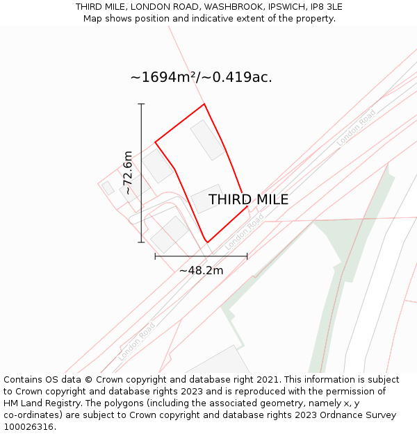 THIRD MILE, LONDON ROAD, WASHBROOK, IPSWICH, IP8 3LE: Plot and title map