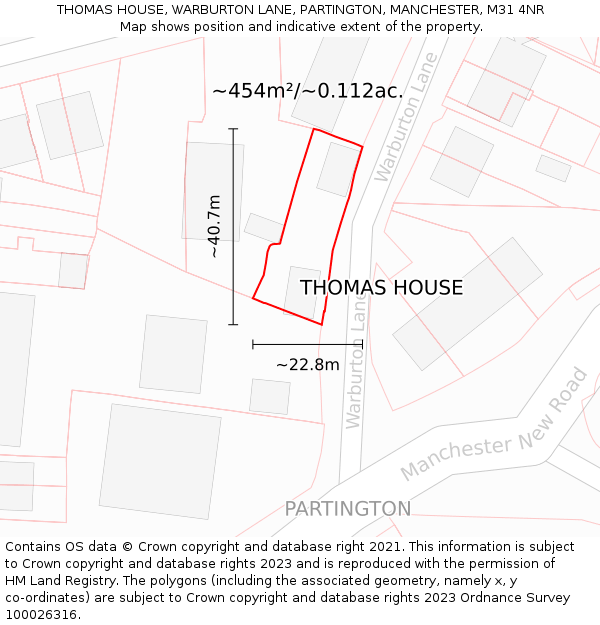 THOMAS HOUSE, WARBURTON LANE, PARTINGTON, MANCHESTER, M31 4NR: Plot and title map