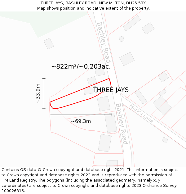 THREE JAYS, BASHLEY ROAD, NEW MILTON, BH25 5RX: Plot and title map