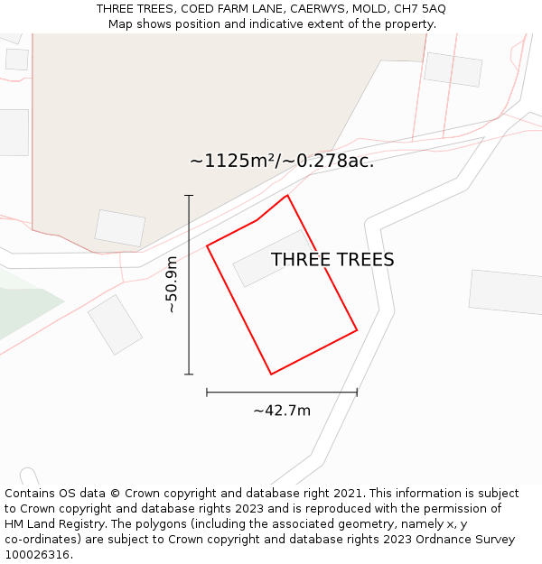 THREE TREES, COED FARM LANE, CAERWYS, MOLD, CH7 5AQ: Plot and title map