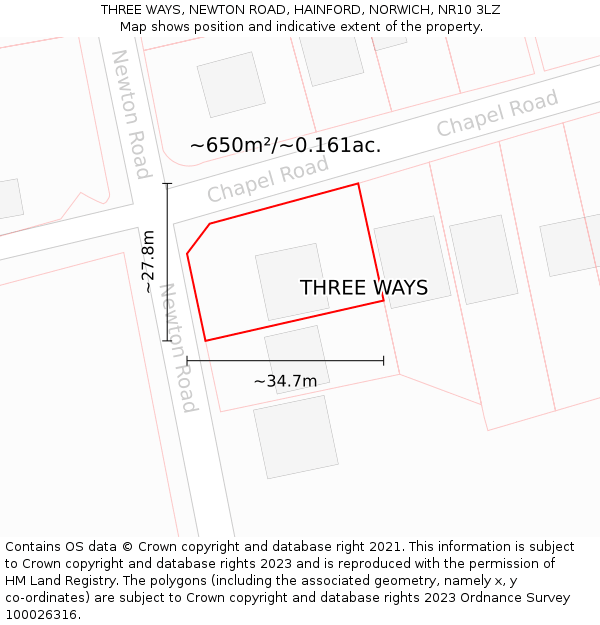 THREE WAYS, NEWTON ROAD, HAINFORD, NORWICH, NR10 3LZ: Plot and title map