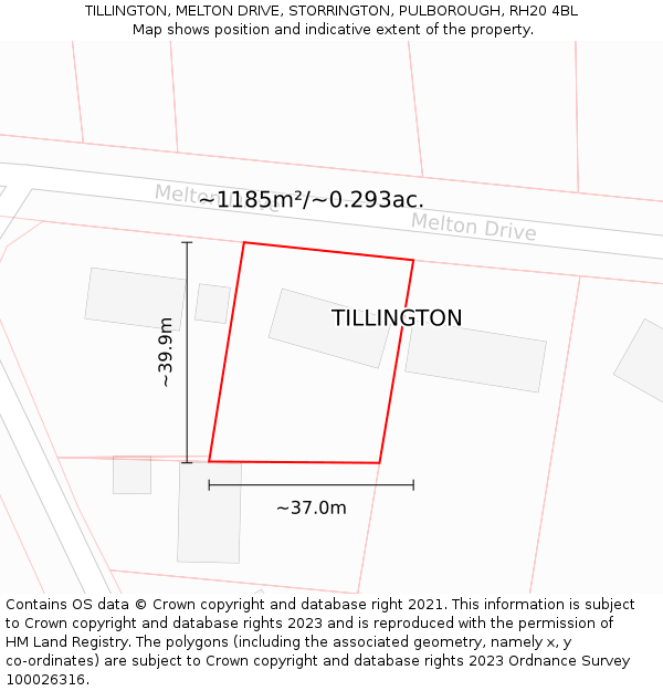 TILLINGTON, MELTON DRIVE, STORRINGTON, PULBOROUGH, RH20 4BL: Plot and title map