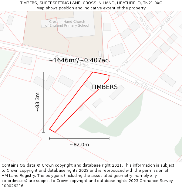 TIMBERS, SHEEPSETTING LANE, CROSS IN HAND, HEATHFIELD, TN21 0XG: Plot and title map