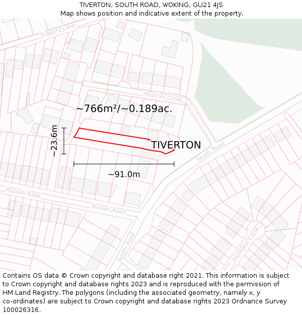 TIVERTON, SOUTH ROAD, WOKING, GU21 4JS: Plot and title map