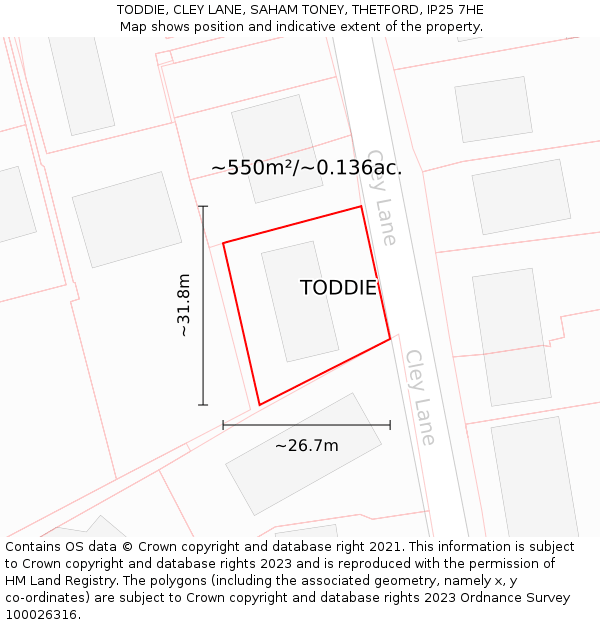 TODDIE, CLEY LANE, SAHAM TONEY, THETFORD, IP25 7HE: Plot and title map