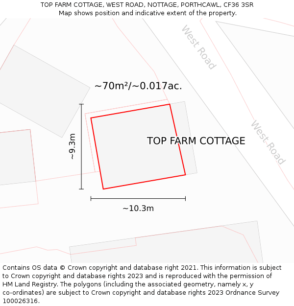 TOP FARM COTTAGE, WEST ROAD, NOTTAGE, PORTHCAWL, CF36 3SR: Plot and title map