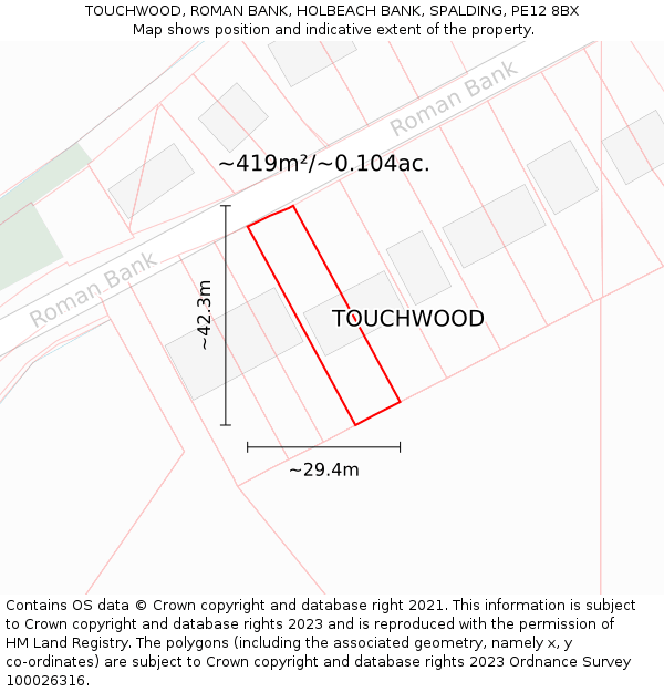 TOUCHWOOD, ROMAN BANK, HOLBEACH BANK, SPALDING, PE12 8BX: Plot and title map