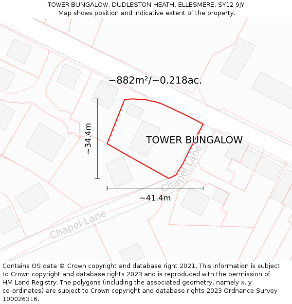 TOWER BUNGALOW, DUDLESTON HEATH, ELLESMERE, SY12 9JY: Plot and title map