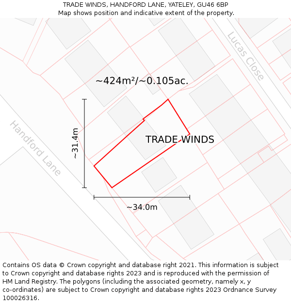 TRADE WINDS, HANDFORD LANE, YATELEY, GU46 6BP: Plot and title map