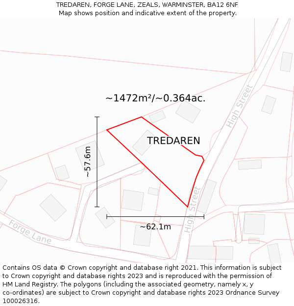 TREDAREN, FORGE LANE, ZEALS, WARMINSTER, BA12 6NF: Plot and title map