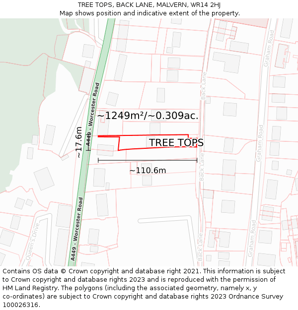 TREE TOPS, BACK LANE, MALVERN, WR14 2HJ: Plot and title map