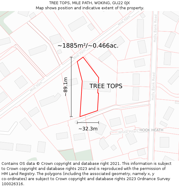 TREE TOPS, MILE PATH, WOKING, GU22 0JX: Plot and title map