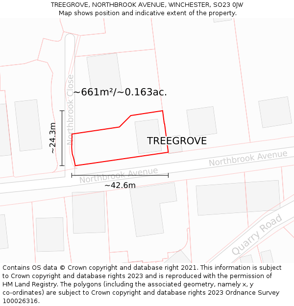 TREEGROVE, NORTHBROOK AVENUE, WINCHESTER, SO23 0JW: Plot and title map