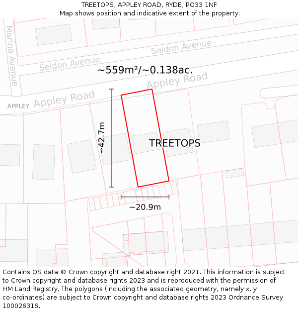 TREETOPS, APPLEY ROAD, RYDE, PO33 1NF: Plot and title map