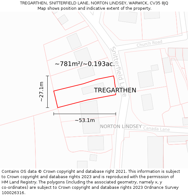 TREGARTHEN, SNITTERFIELD LANE, NORTON LINDSEY, WARWICK, CV35 8JQ: Plot and title map