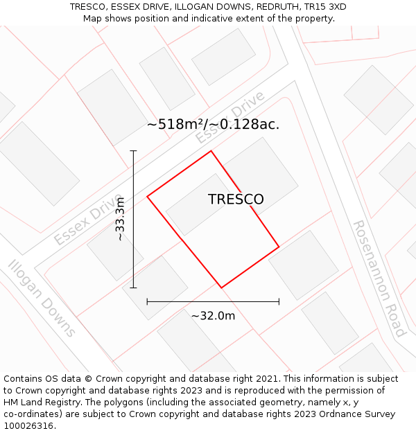 TRESCO, ESSEX DRIVE, ILLOGAN DOWNS, REDRUTH, TR15 3XD: Plot and title map